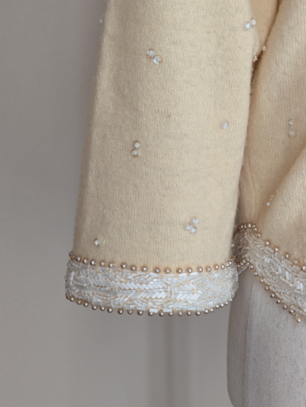 Vintage 1950s Hand Beaded Cardigan Cream With White Floral Beading Size Small