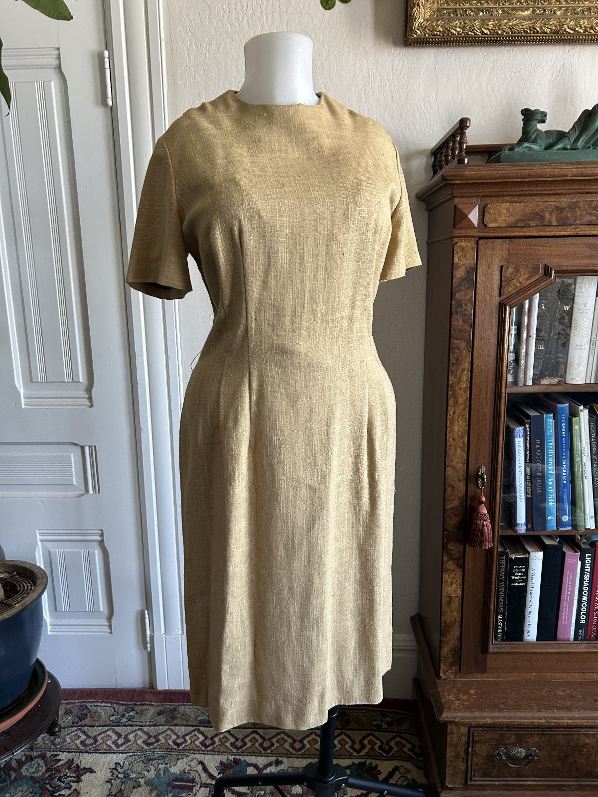 Vintage 1960s 50s Wiggle Pencil Cocktail Dress Silk Linen Texture Waist 32&Prime; VTG