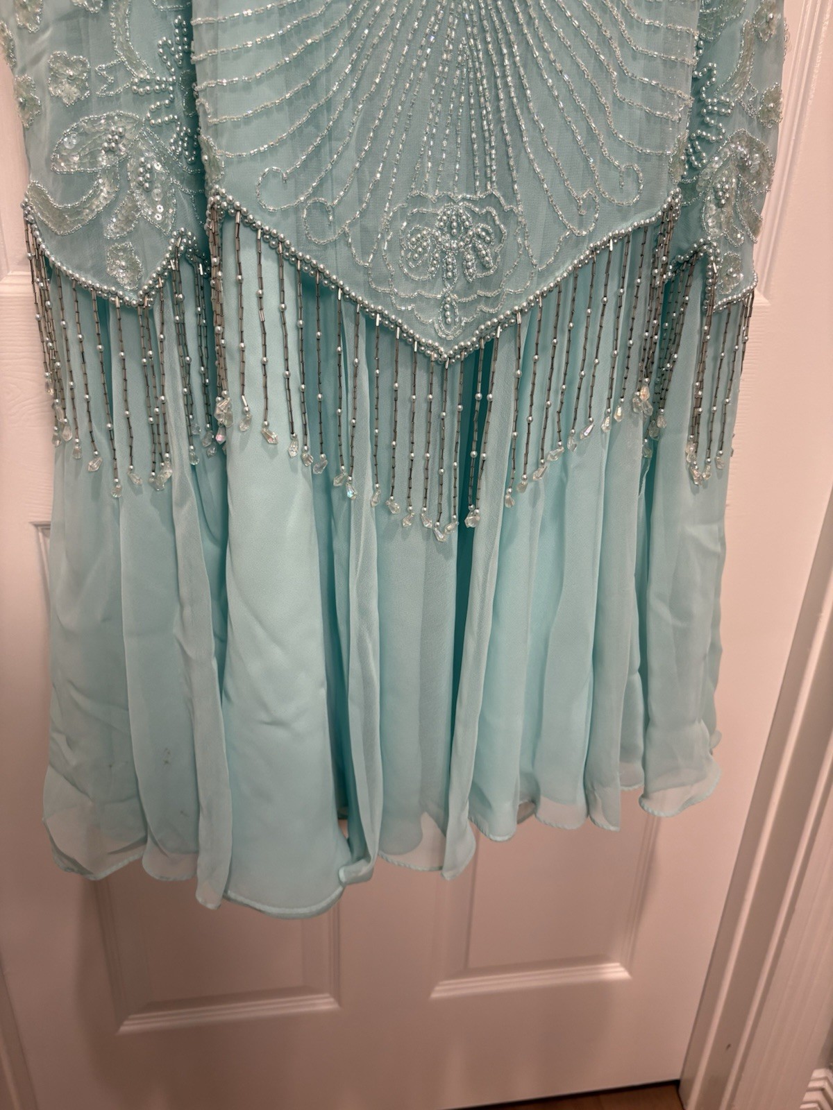Jack Bryan Vintage Teal Beaded Chiffon Dress 18 Art Deco Gatsby Evening Flapper