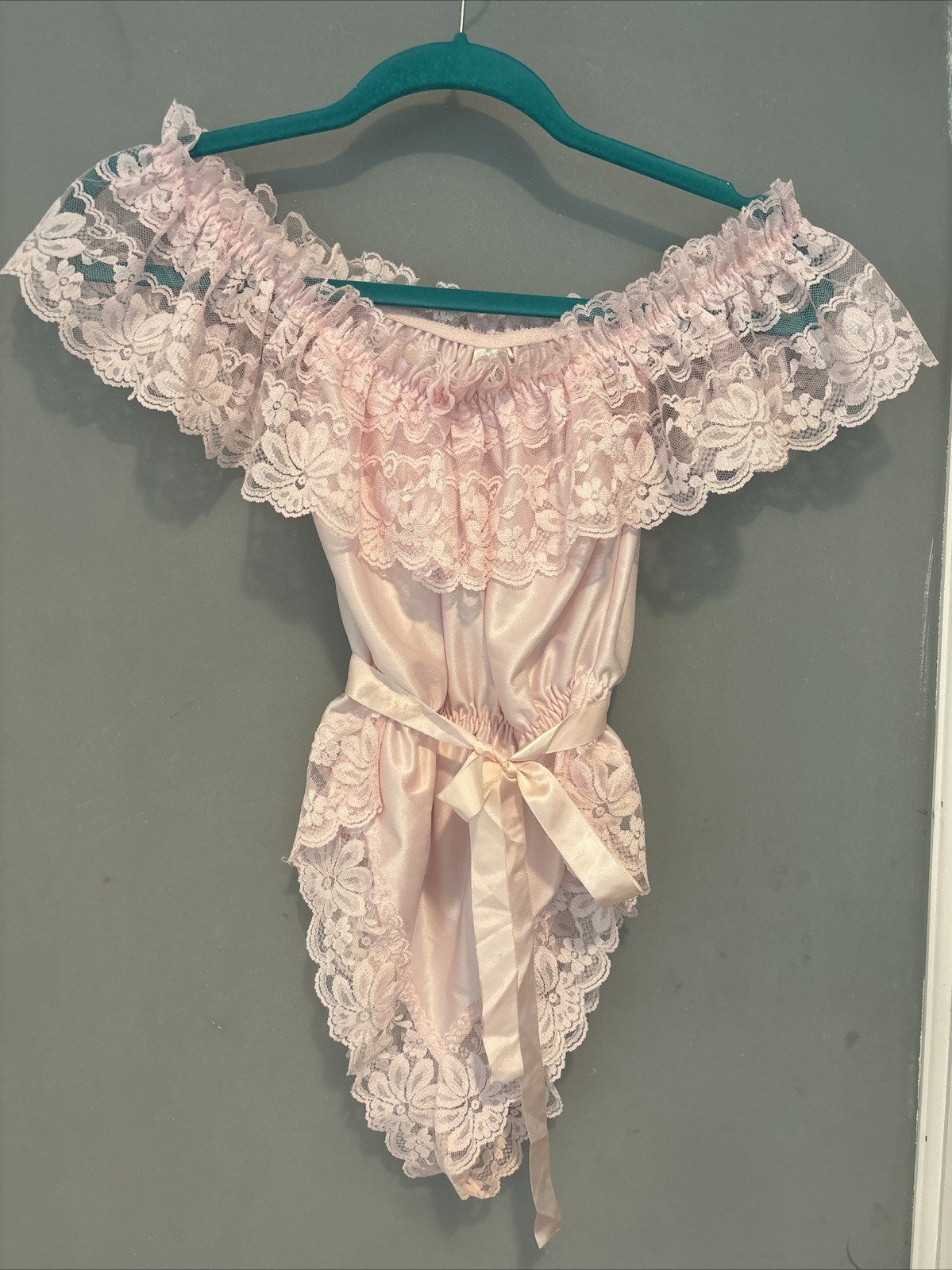 Dolores Poirette Vintage ILGWU Pink Lace Teddy Romper Bodysuit Sz Small