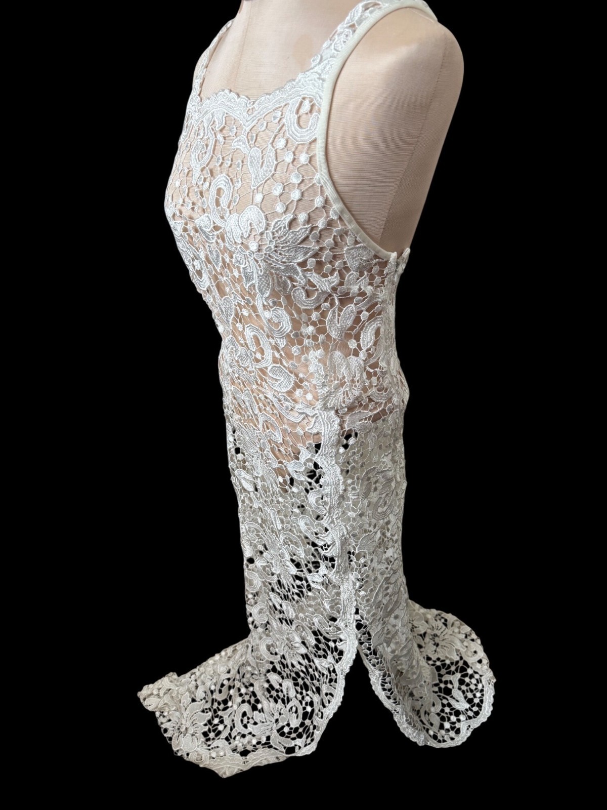 Vtg Sheer Crochet White Floral Lace Maxi Dress Edwardian S Coquette bridal boho
