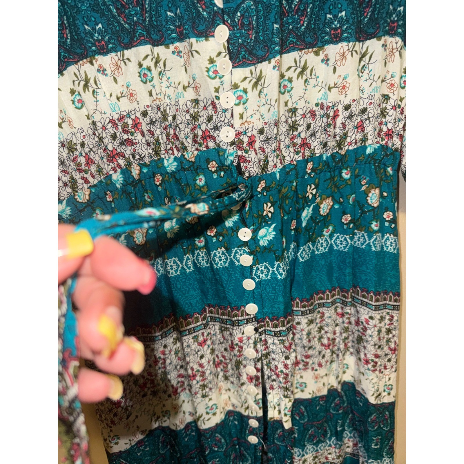 Womens Teal Floral Patchwork Boho Button Front Maxi Dress XXL Drawstring Artsy