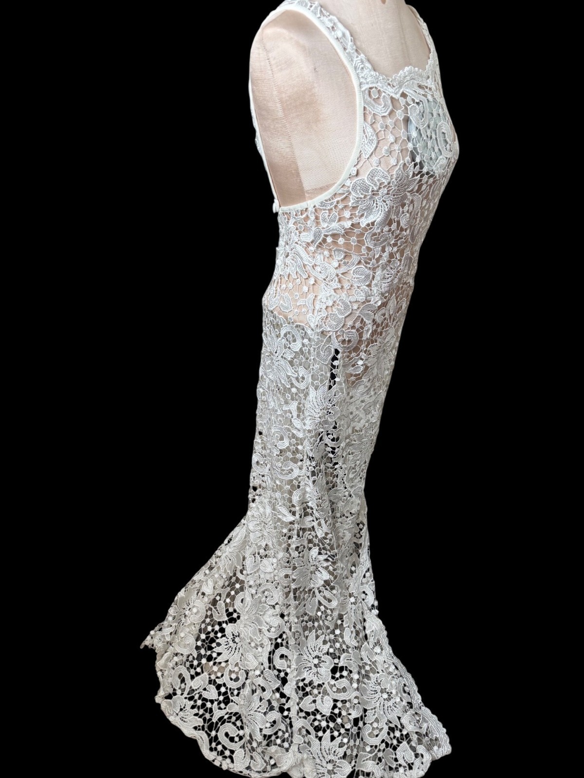 Vtg Sheer Crochet White Floral Lace Maxi Dress Edwardian S Coquette bridal boho