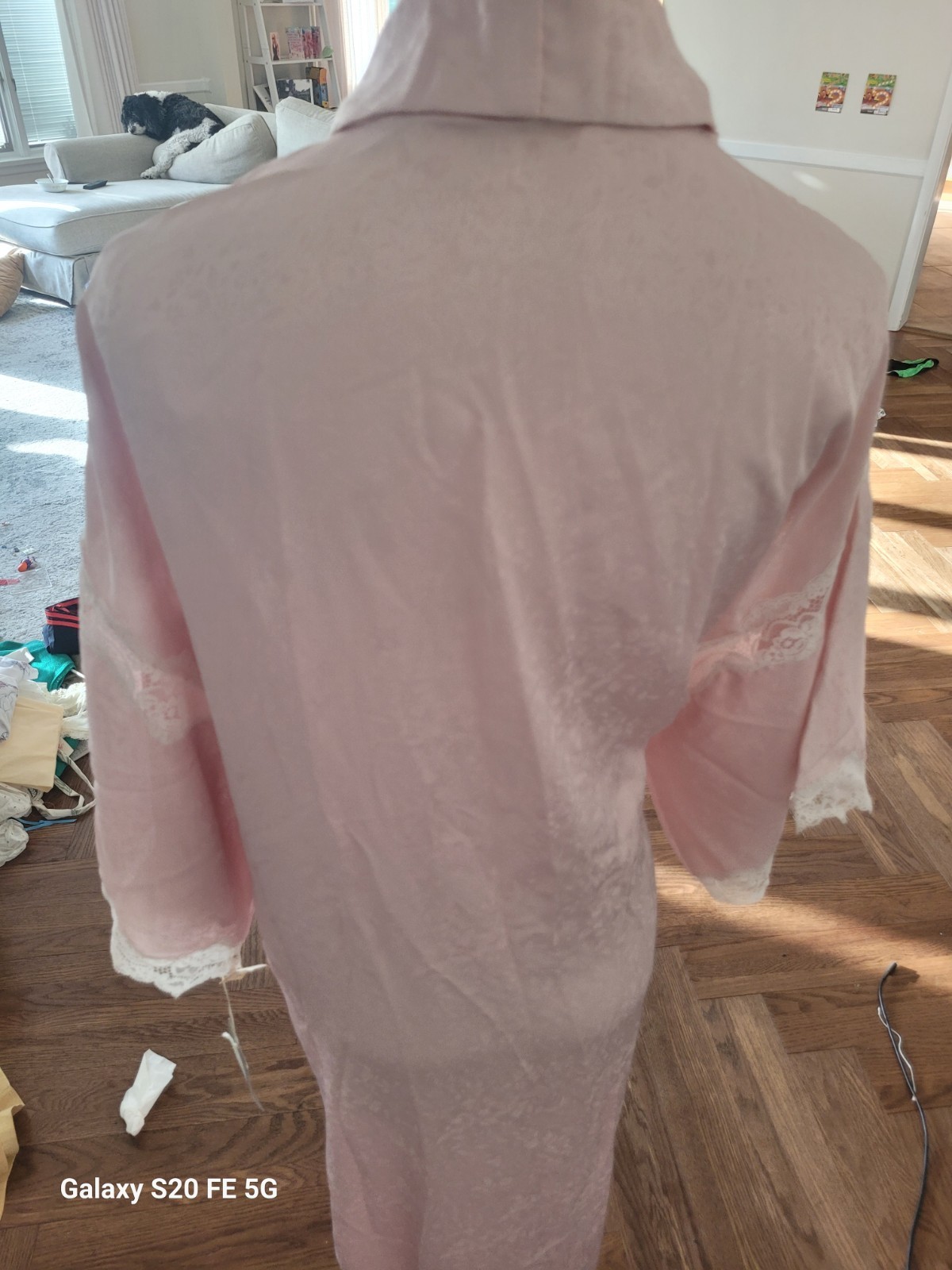 vtg 1980s NWT Christian Dior Pink Satin Feel Jacquard Robe with Lace Details