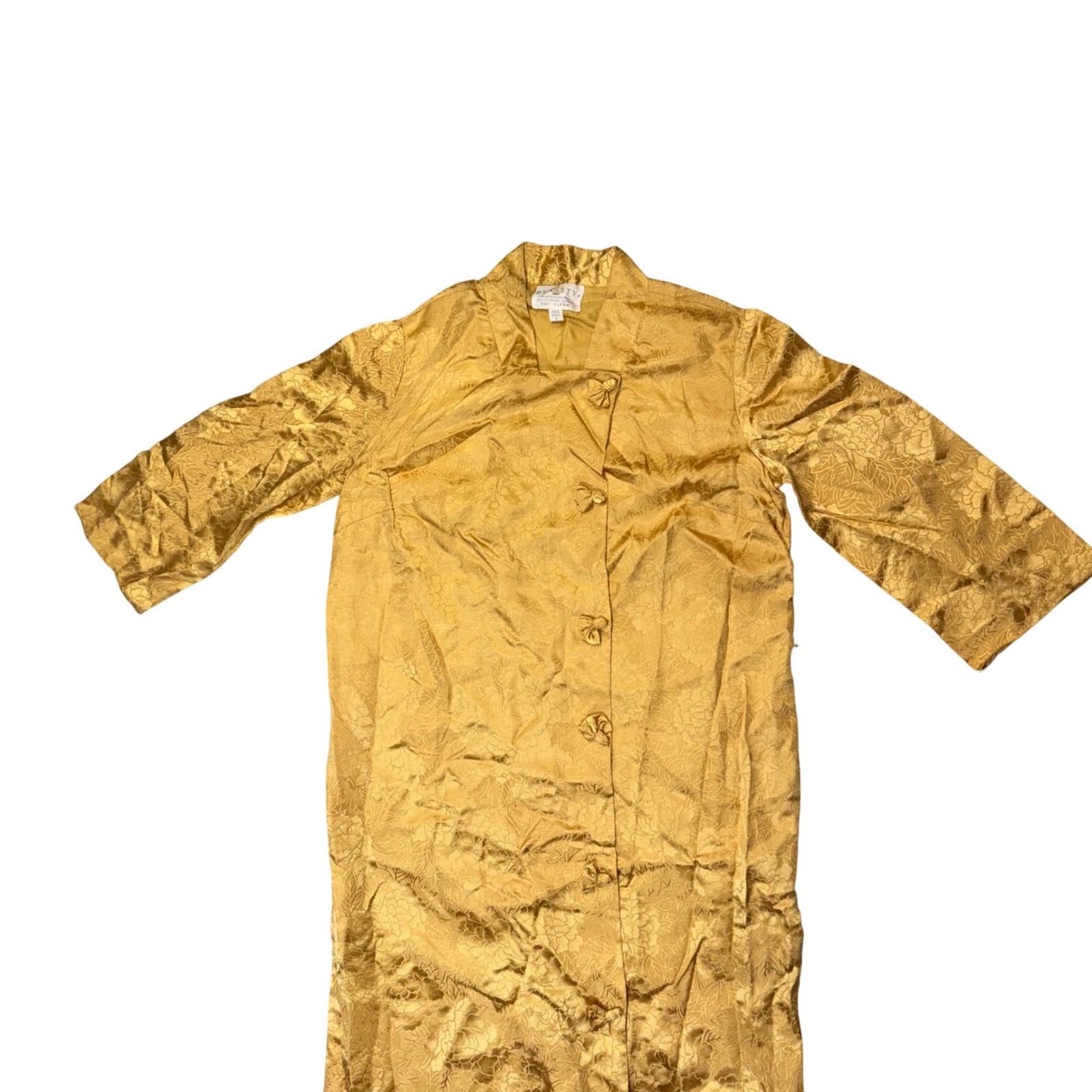 Vintage Dynasty Gold Silk Damask Floral Brocade Maxi Robe Gown Hong Kong S