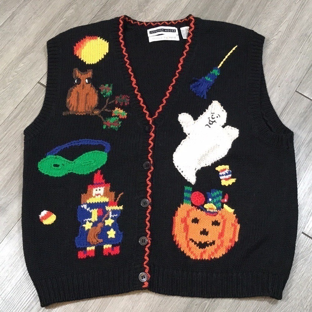 Jennifer Moore Halloween Knitted by Hand Vintage Embroidered Sweater Vest