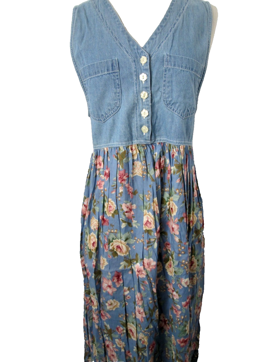 Vintage 80s Cowgirl Prairie Denim Vested Floral Midi Dress Women&rsquo;s L