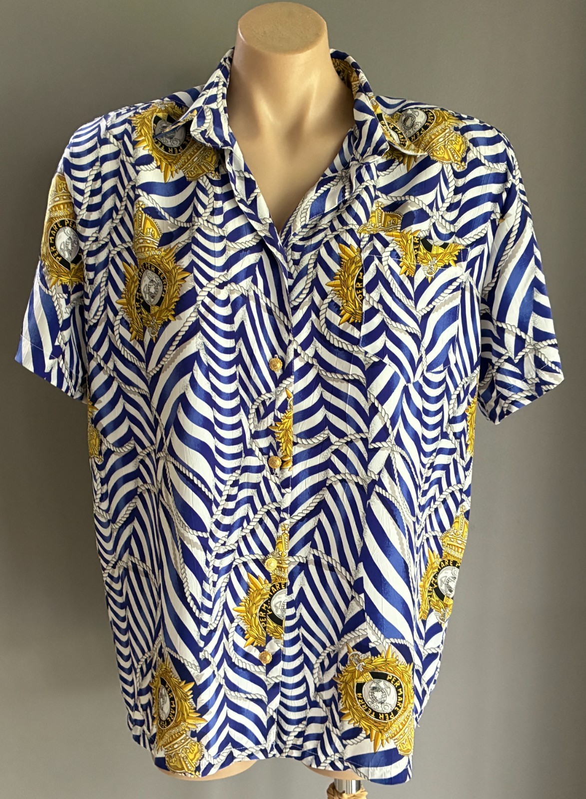 Vintage ME FIRST Short Sleeve Shirt Sze 12 Blue White Gold Black Print Button Up