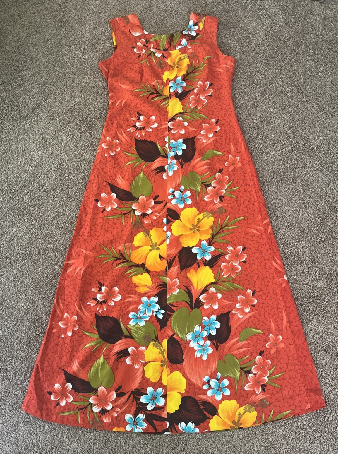 VTG 60/70s Sears Hawaiian Fashions Orange Floral Sleeveless Dress-36&Prime; Chest