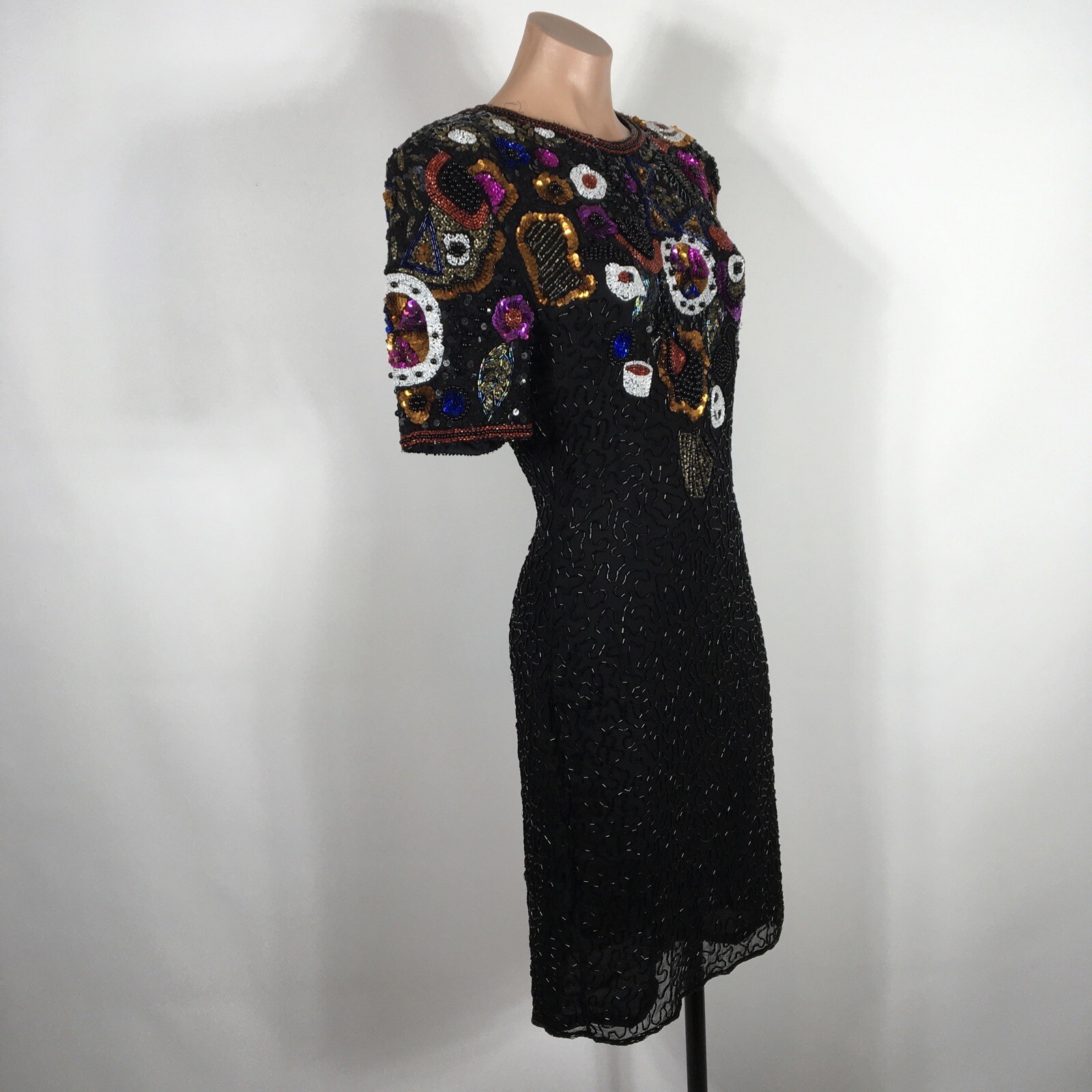 Vtg 80s Black Floral Silk Sequin Beaded Cocktail Party Gown Glam Dress P S EUC