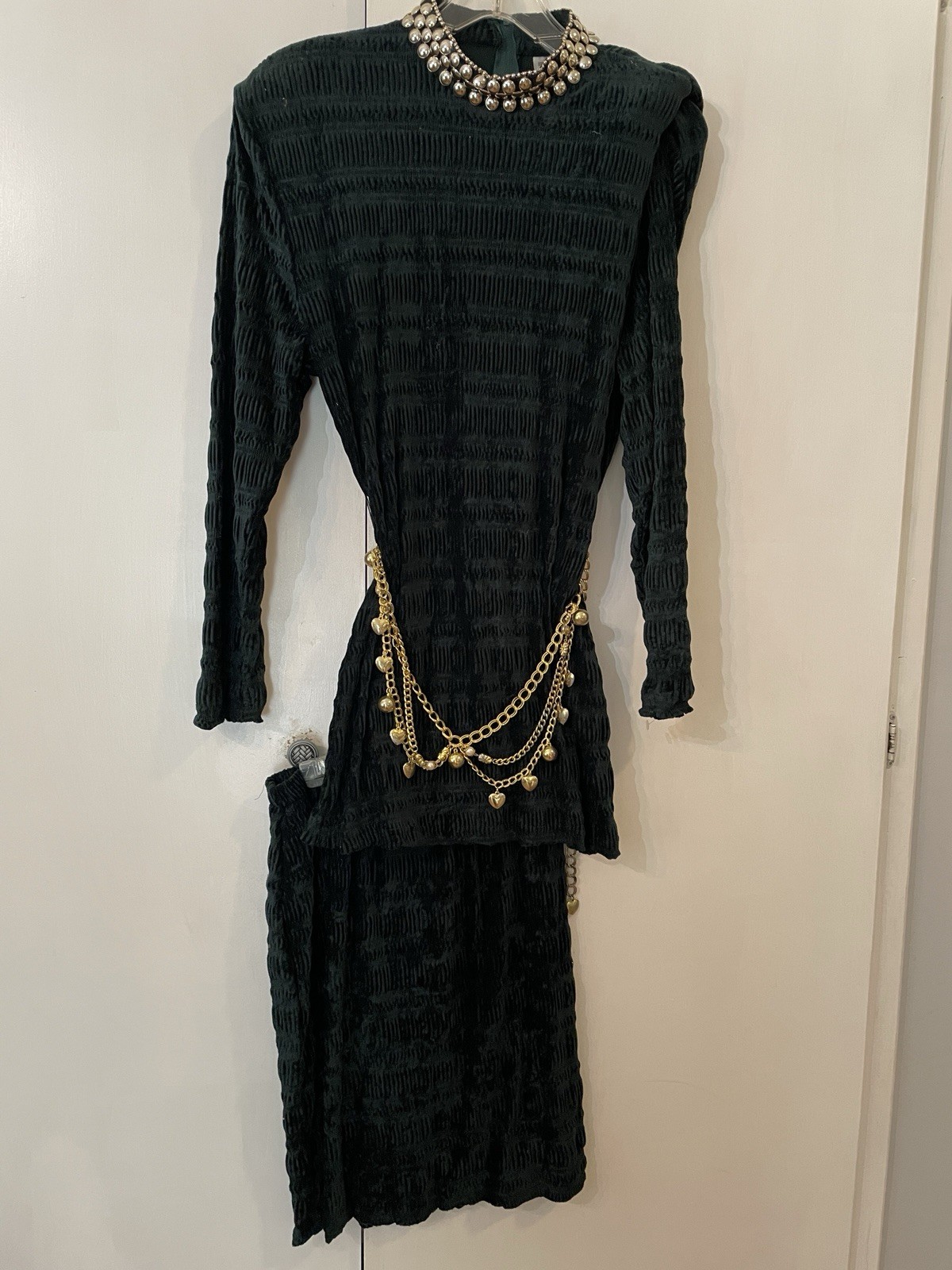 Vintage Velvet Beaded Sequin Long Sleeve Cocktail Top/skirt- Sz L-forest Green