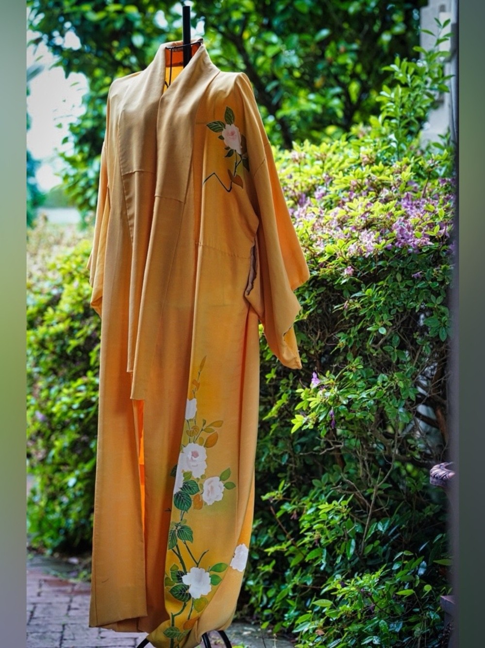 Vintage Hand-Painted Marigold Yellow Floral Long Robe / Duster