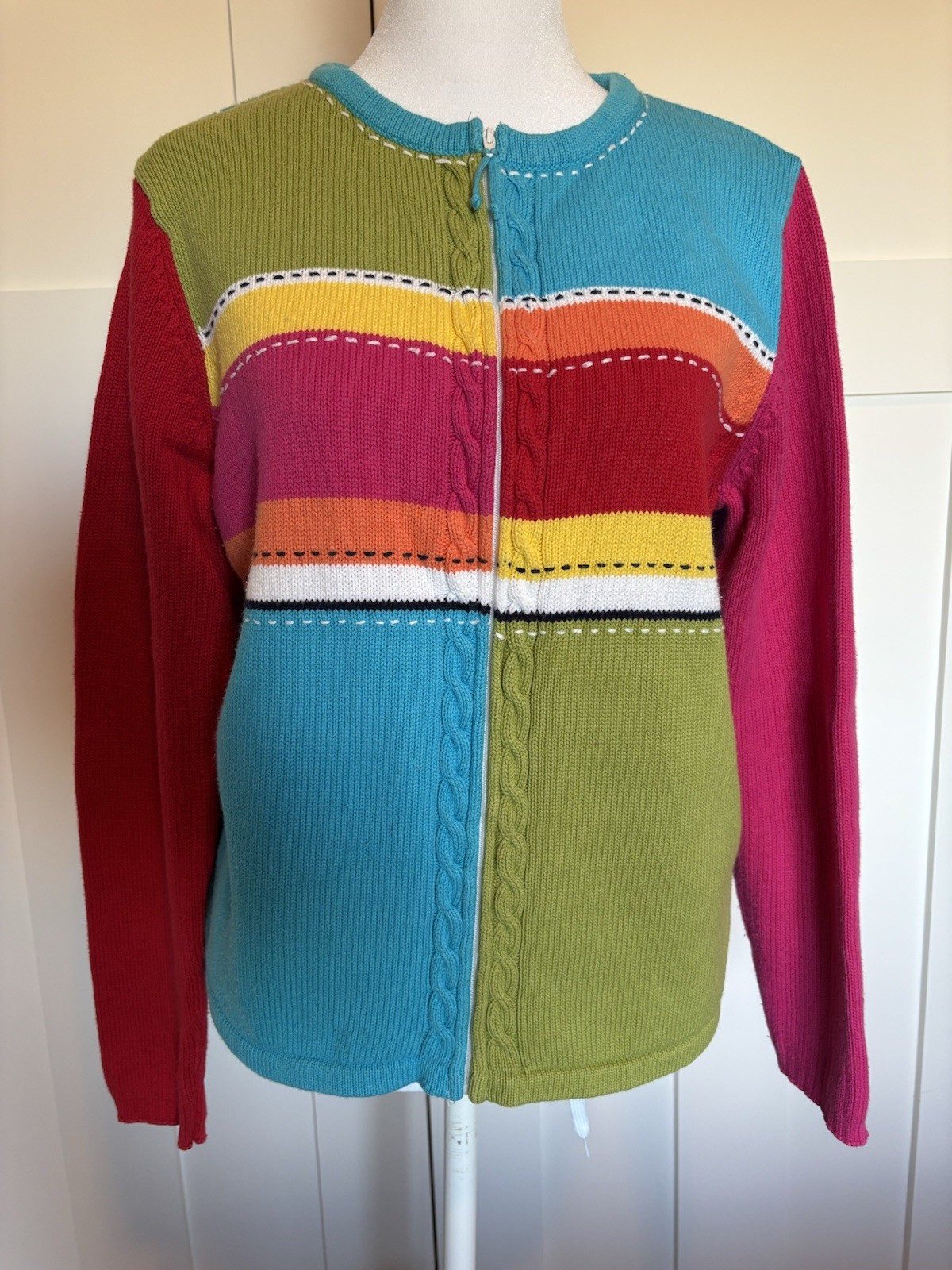 Susan Bristol Vintage Women&rsquo;s Sweater Size Large Zip Up Front Color Block
