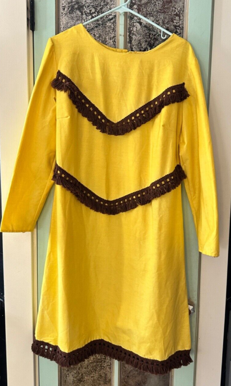 VTG Handmade Boho Yellow Shift Dress 70s Cotton Folk Dress Brown Fringe Granny