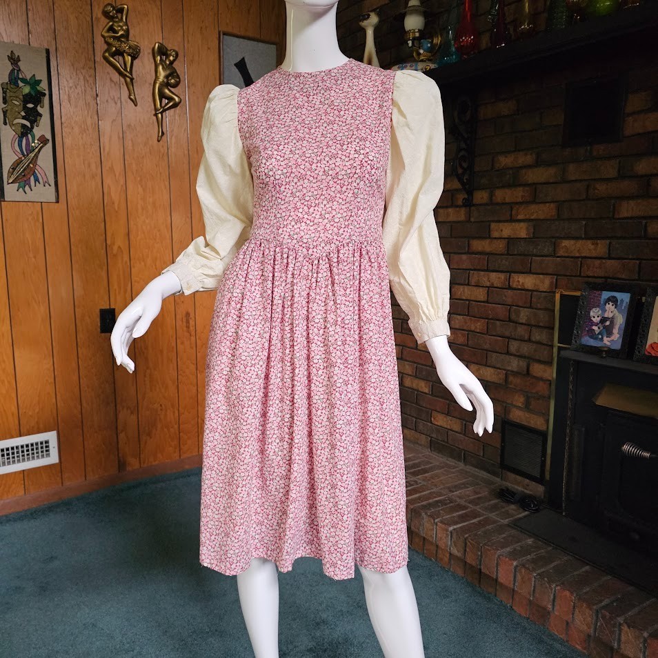Vtg 70s/80s Homespun Calico Puff Sleeve Apron Cottage Prairie Floral Dress S/M