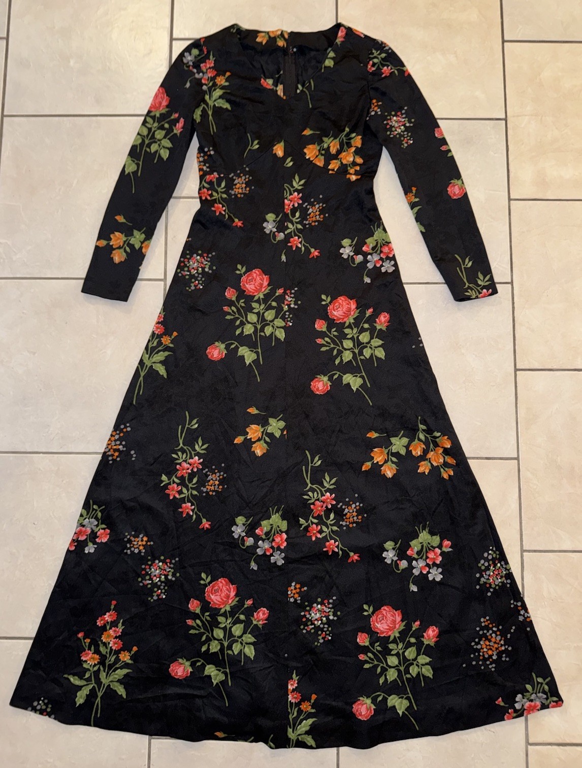 Vintage 60s 70s Maxi bohemian Floral Dress Hippie Black Talon Size S Day Dress