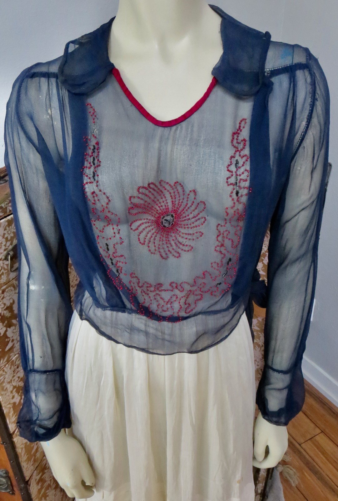 1920s Blue Sheer Crepe Silk Cranberry Red Beaded Flapper Blouse AS IS