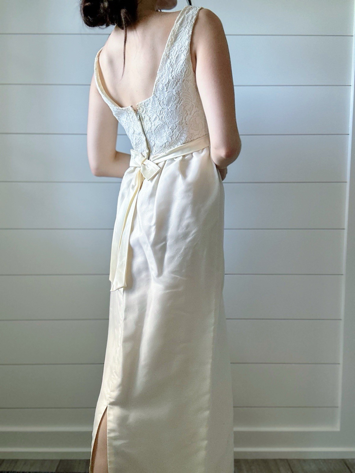 Vintage 1960s Wedding Dress Bridal Minimalist Empire Cut Taffeta Ivory