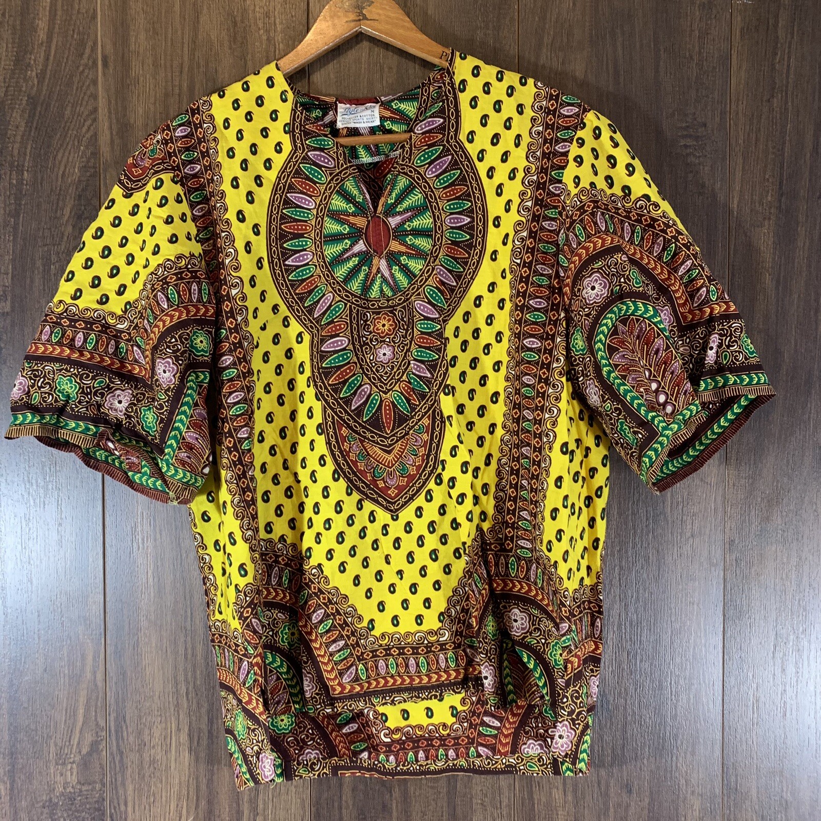 Vintage 1970s Paisley Style Rite Blouse Hippie Polyester & Cotton Yellow Brown