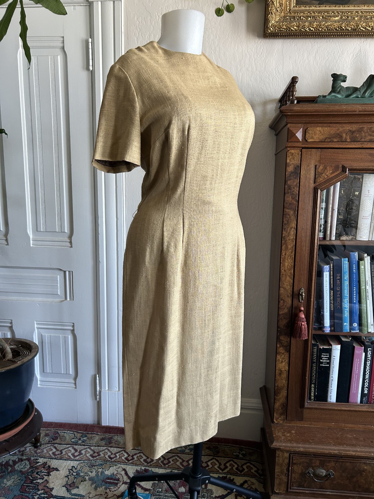 Vintage 1960s 50s Wiggle Pencil Cocktail Dress Silk Linen Texture Waist 32&Prime; VTG
