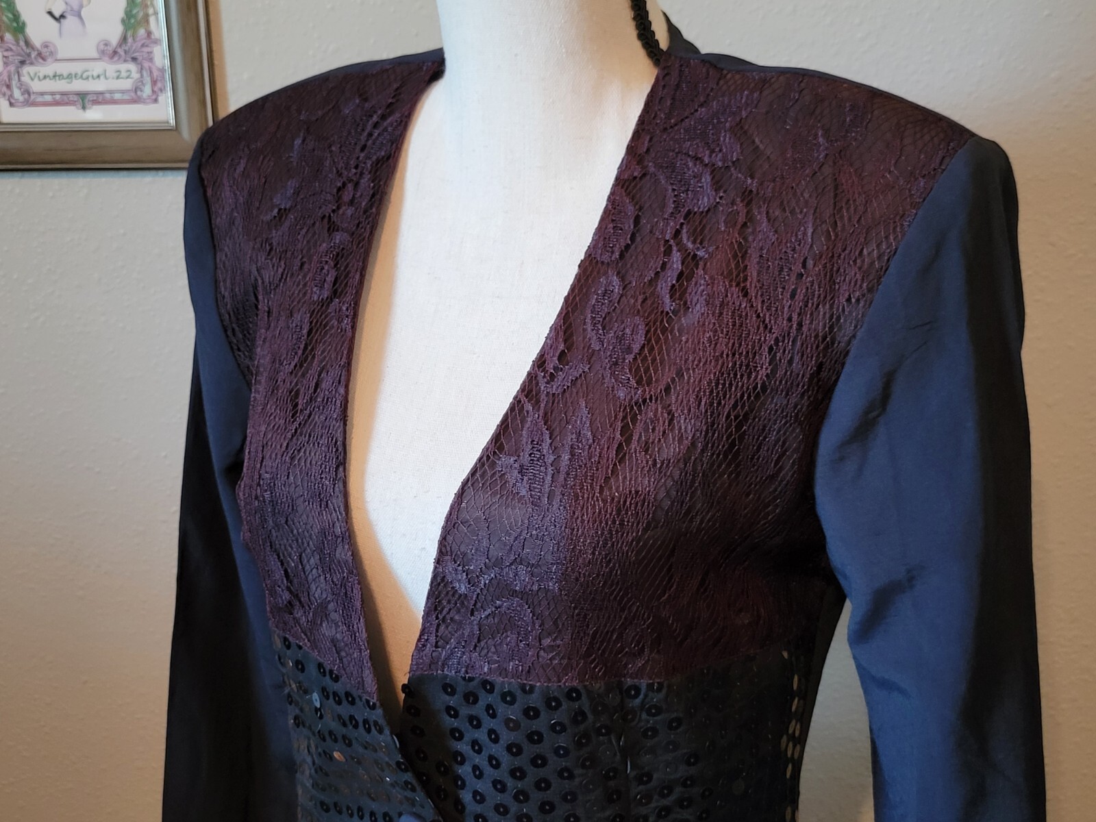 80s/90s Vintage Jacket Black Lace & Sequin Buttonup, By TARAZZIA, Size 5 Small