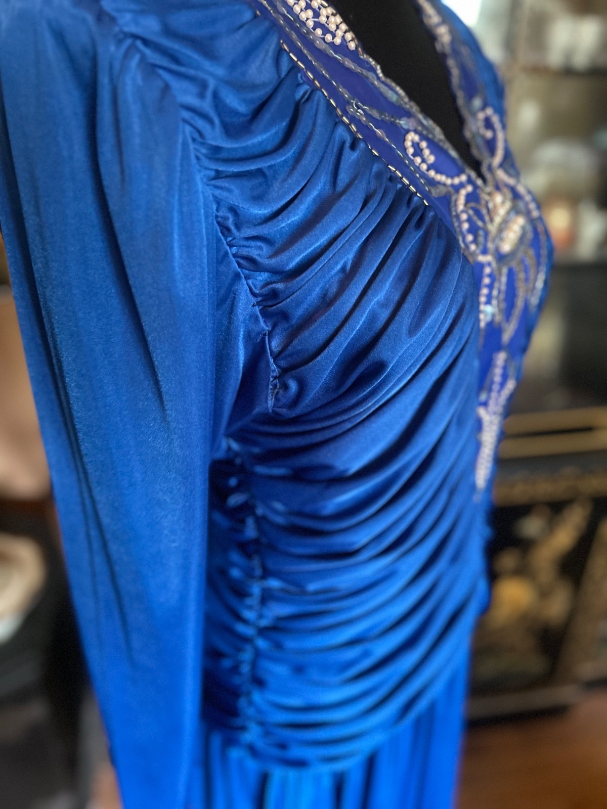 Vintage Dynasty 80s Beaded Sequin Royal Blue Evening Cocktail Dress Size 17/18