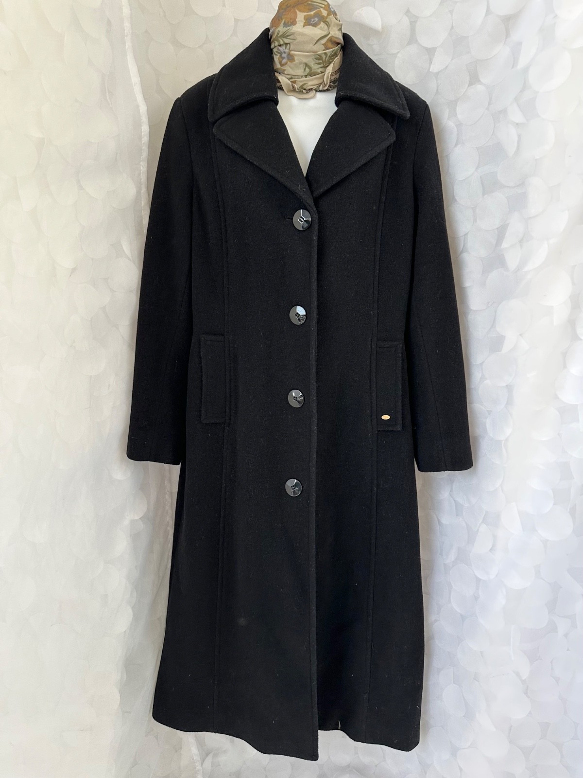 VTG 90’s Women&rsquo;s 14 Extra LONG black Wool maxi coat Ellen Tracy Classic Preppy.