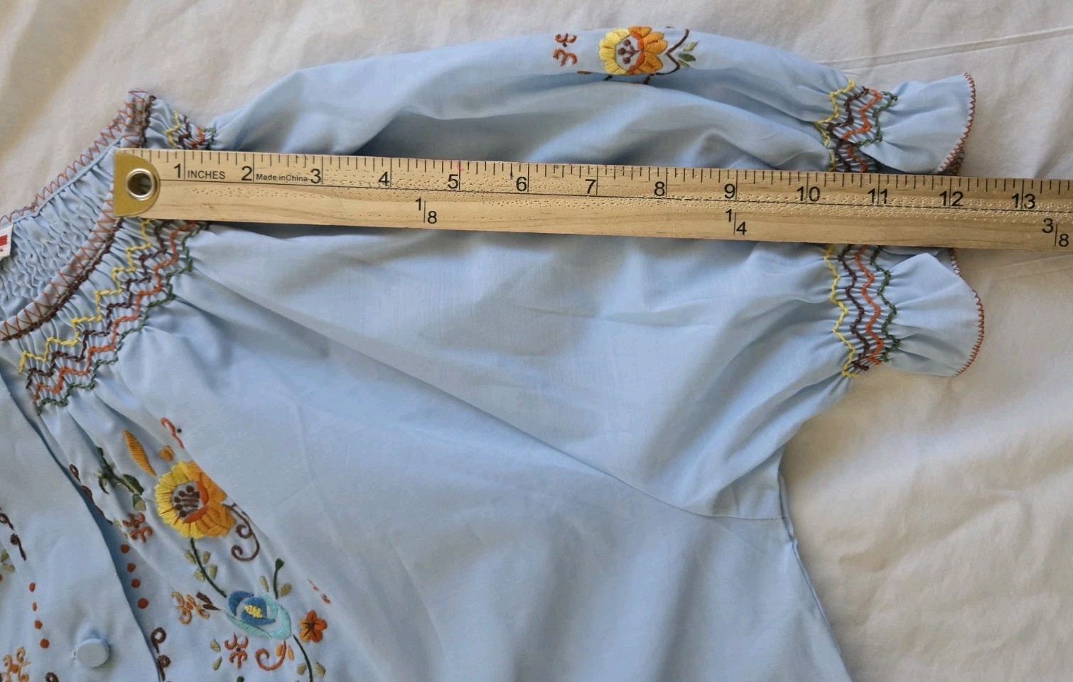 Vintage Peacock House Dress Blue Hand Embroidered Floral Smocked Pockets Size 38