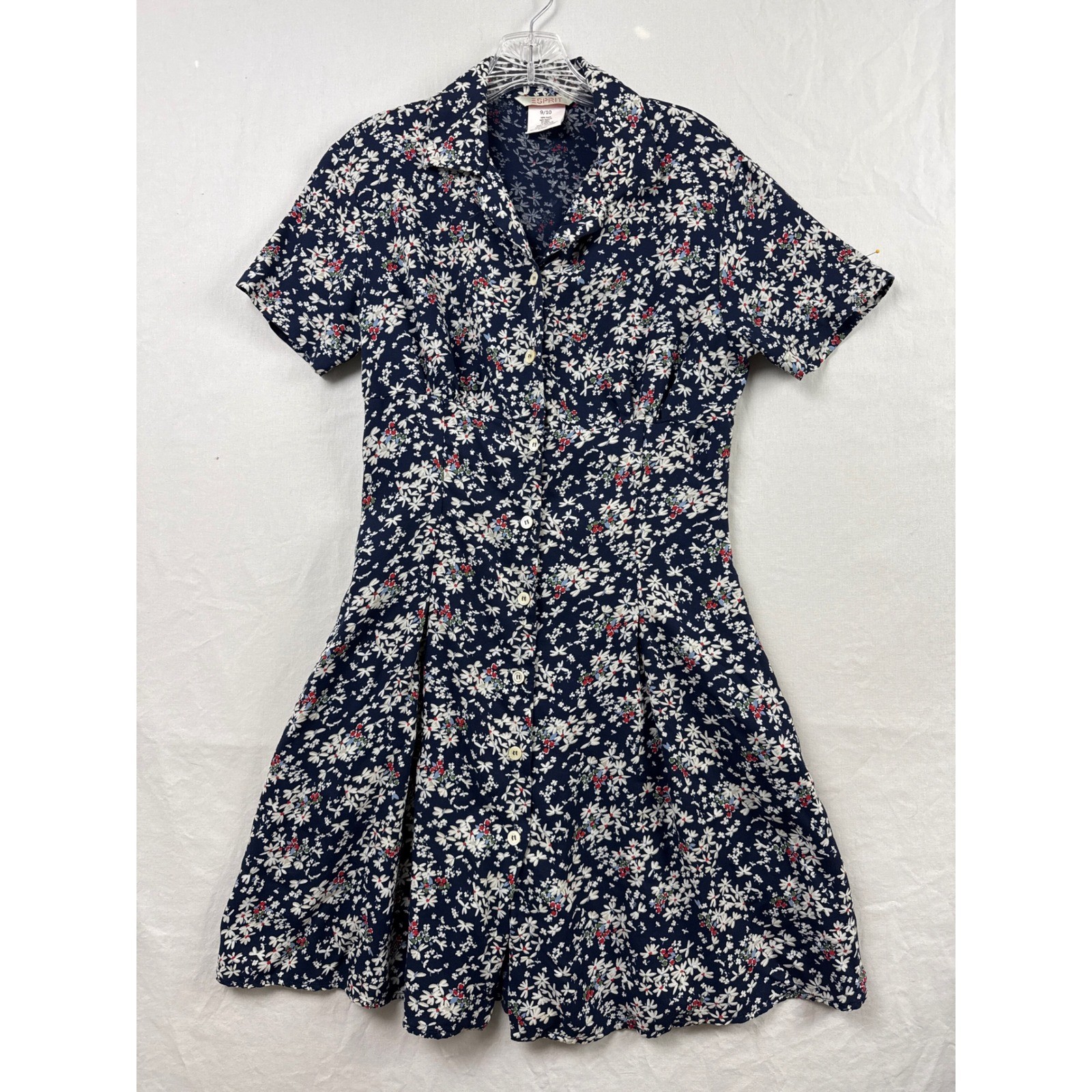 Vintage Y2k Esprit Floral Button Front Dress Womens 9/10 Navy Blue Rayon