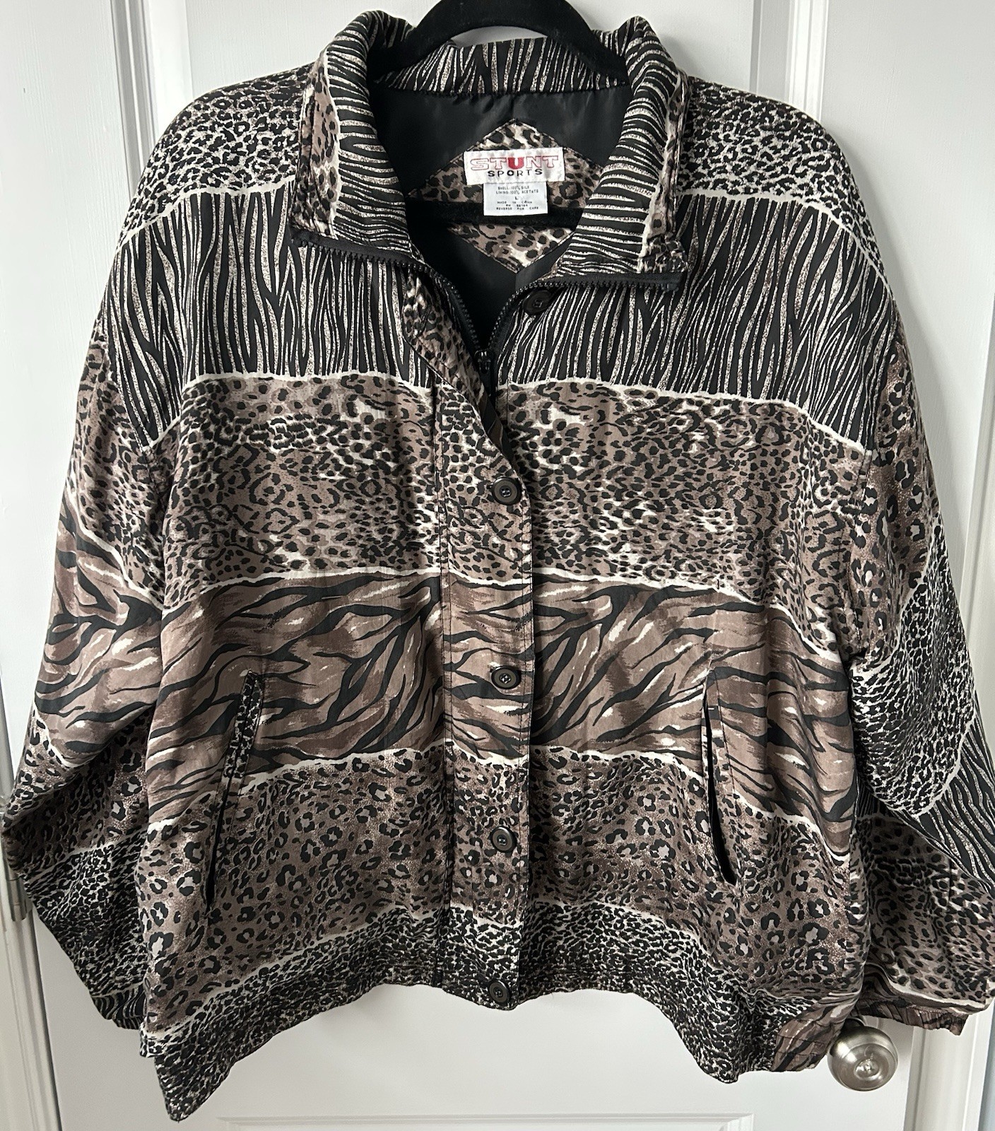 Vintage Silk Bomber Jacket 90&rsquo;s Leopard Print Stunt Sports Large Women&rsquo;s