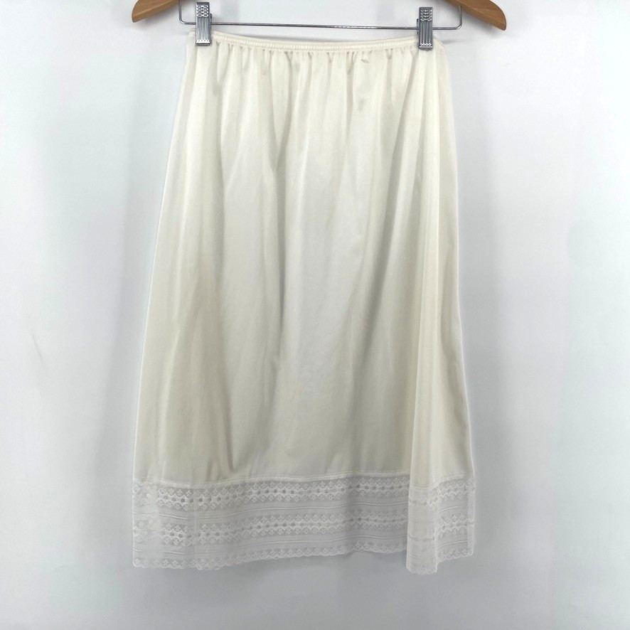 Vtg Womens HALF SLIP Sz Large FITS SMALL Nylon Off White Skirt Lace 26.5&Prime; Long