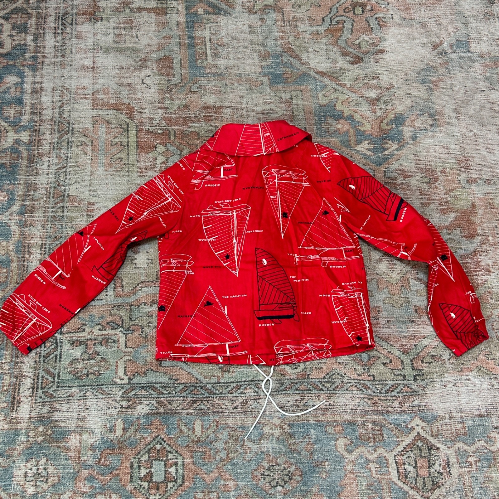 Vintage 1960’s Red Nautical Sailor Jacket Boat Print Size 12- Jeanie by Bluebell