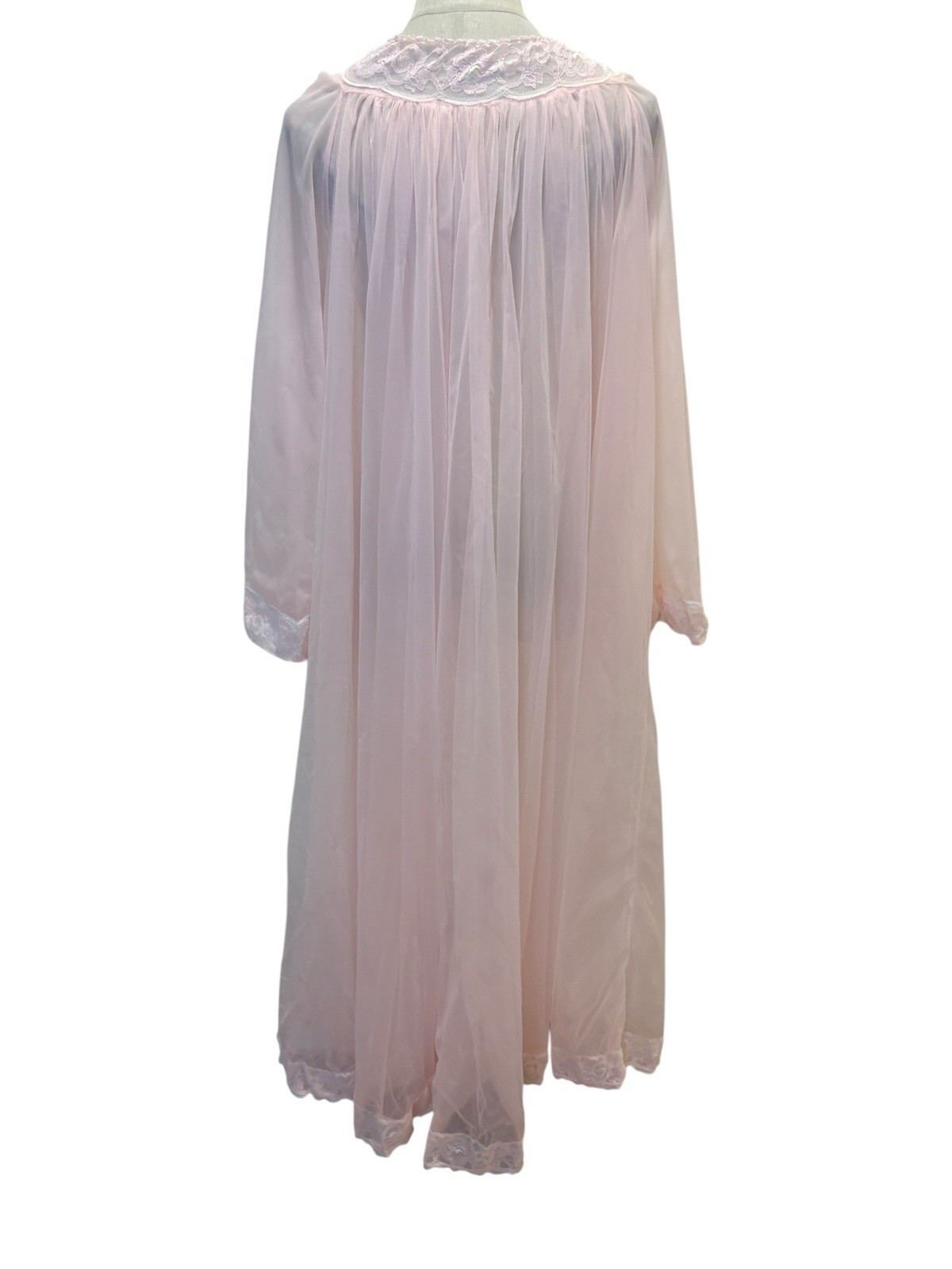 Vtg Pink Sheer Peignoir Robe Open Front Lace Sz L/XL Romantic Boudoir Coquette