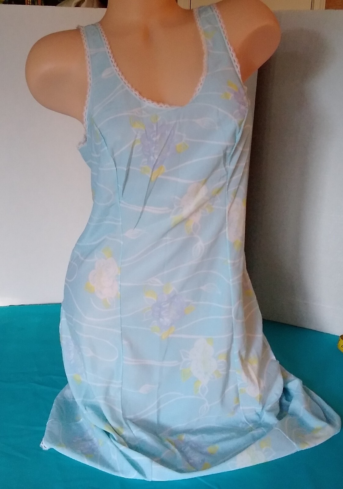 Vintage 60&rsquo;s Full Slip Dress Chemise European Wide Strap Retro Blue Lace Trim M