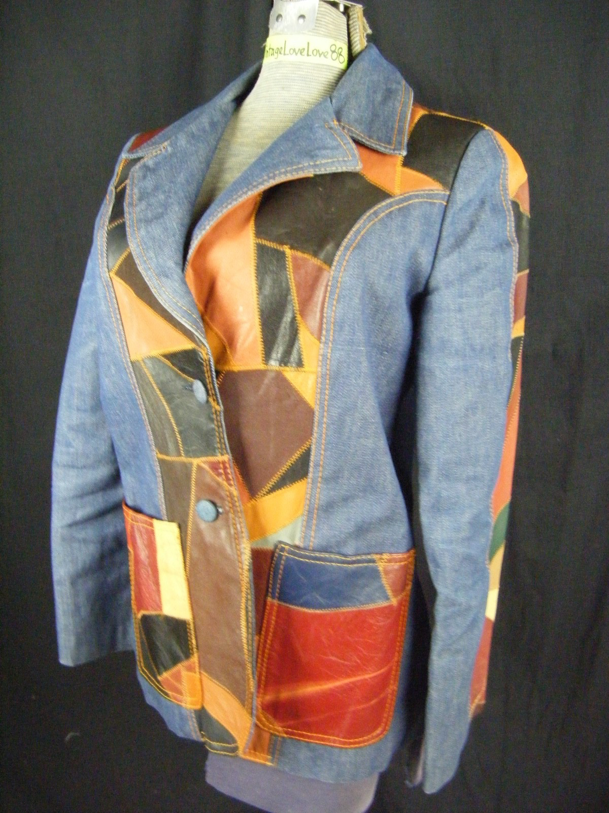 ROSEMARY Vtg 70 Leather Patchwork Denim Jacket-Bust 35/2XS-XS