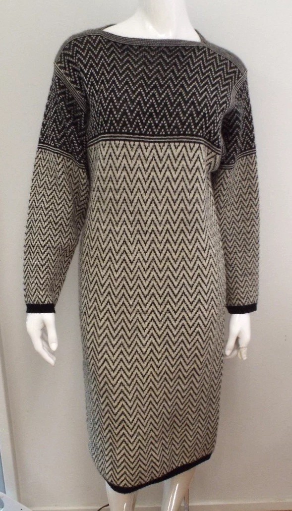 Vintage 1980s KENZO Wool Knit Zig Zag Sweater Dress Medium Black White Chevron