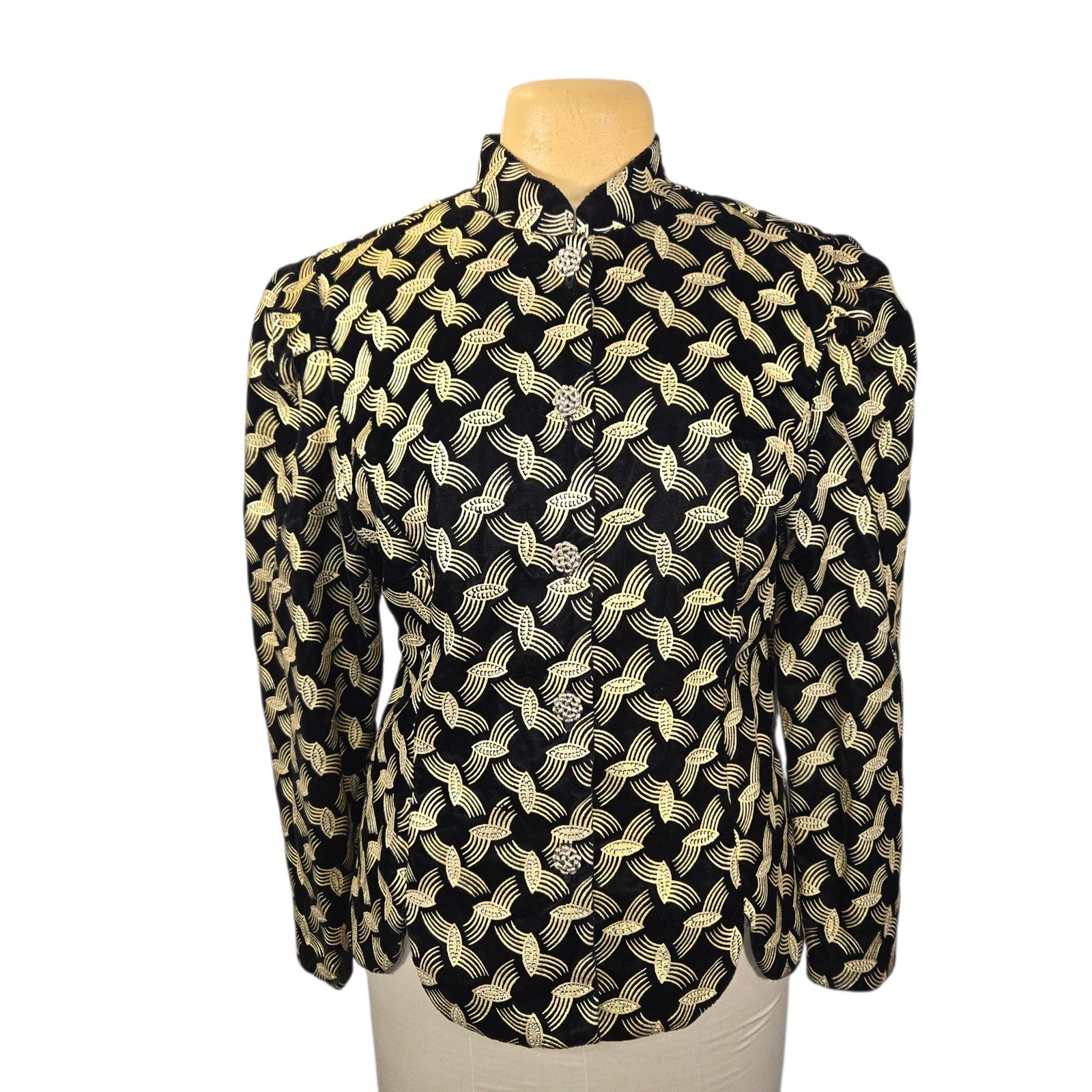 Another Thyme Vintage Black Gold Metallic Geometric Blazer Jacket Size 14 USA