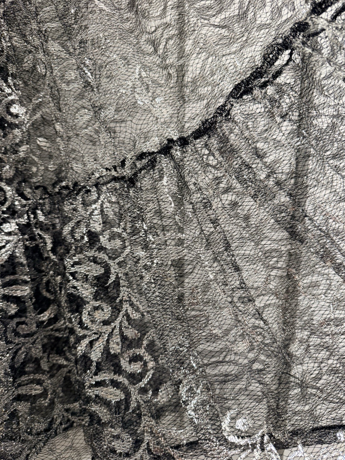 Vintage 80s Betsey Johnson Punk Label Silver Flare Metallic Lace Skirt Grunge