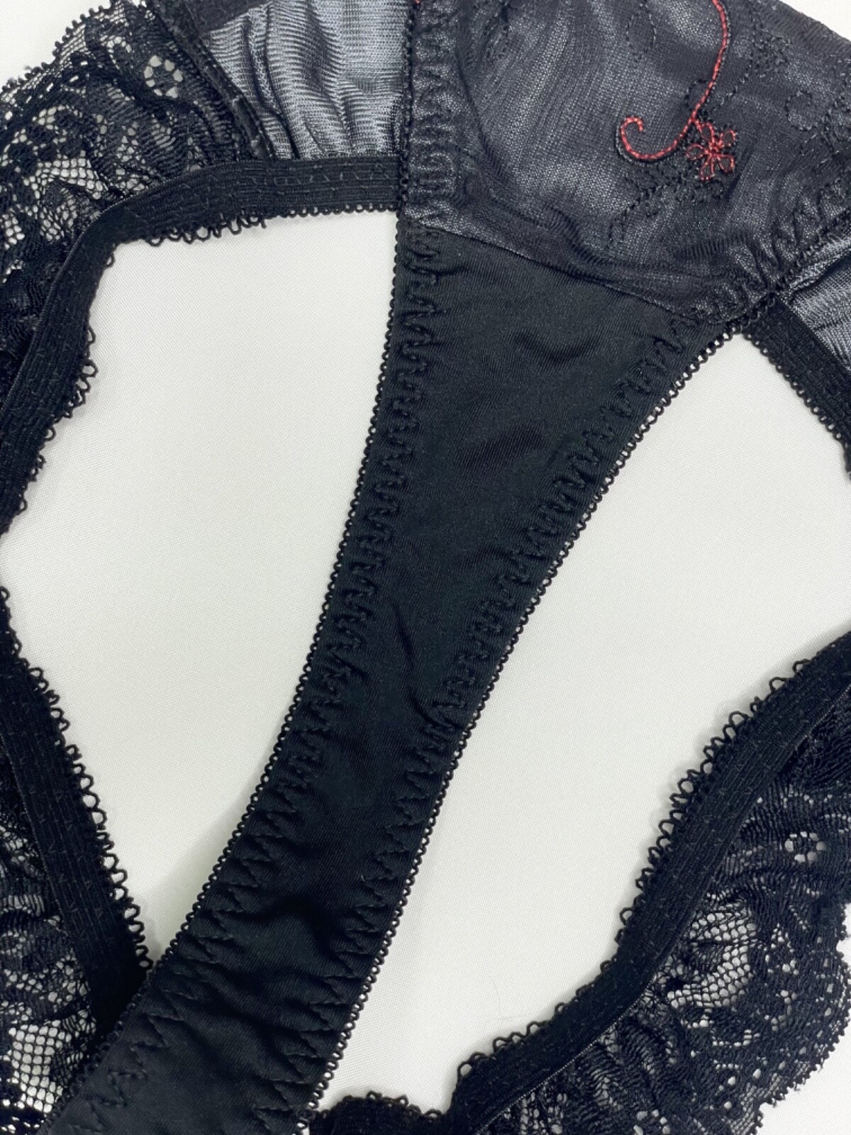 Vtg Deep Black Polyester Spandex String Panty Sz.5~6 Sheer Floral Lace Briefs