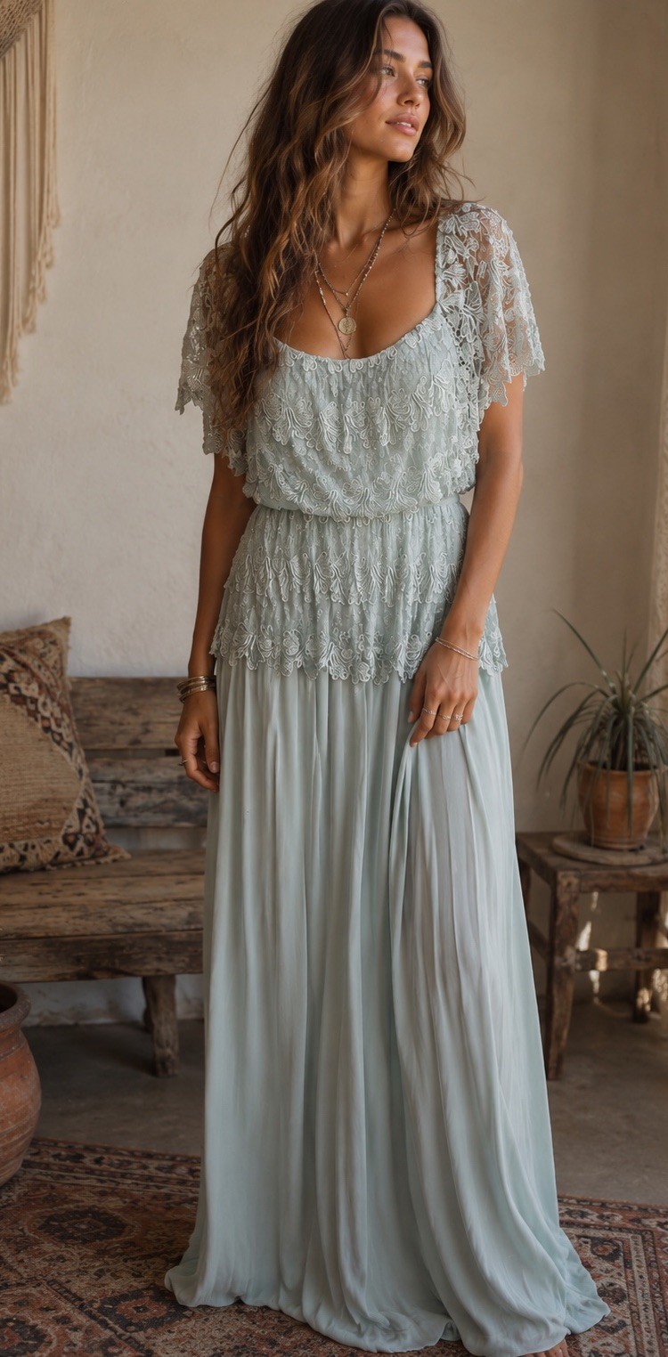 Vintage New Deadstock Lee Jordan NY Maxi Dress Gown Lace Goddess Pleated ML $330