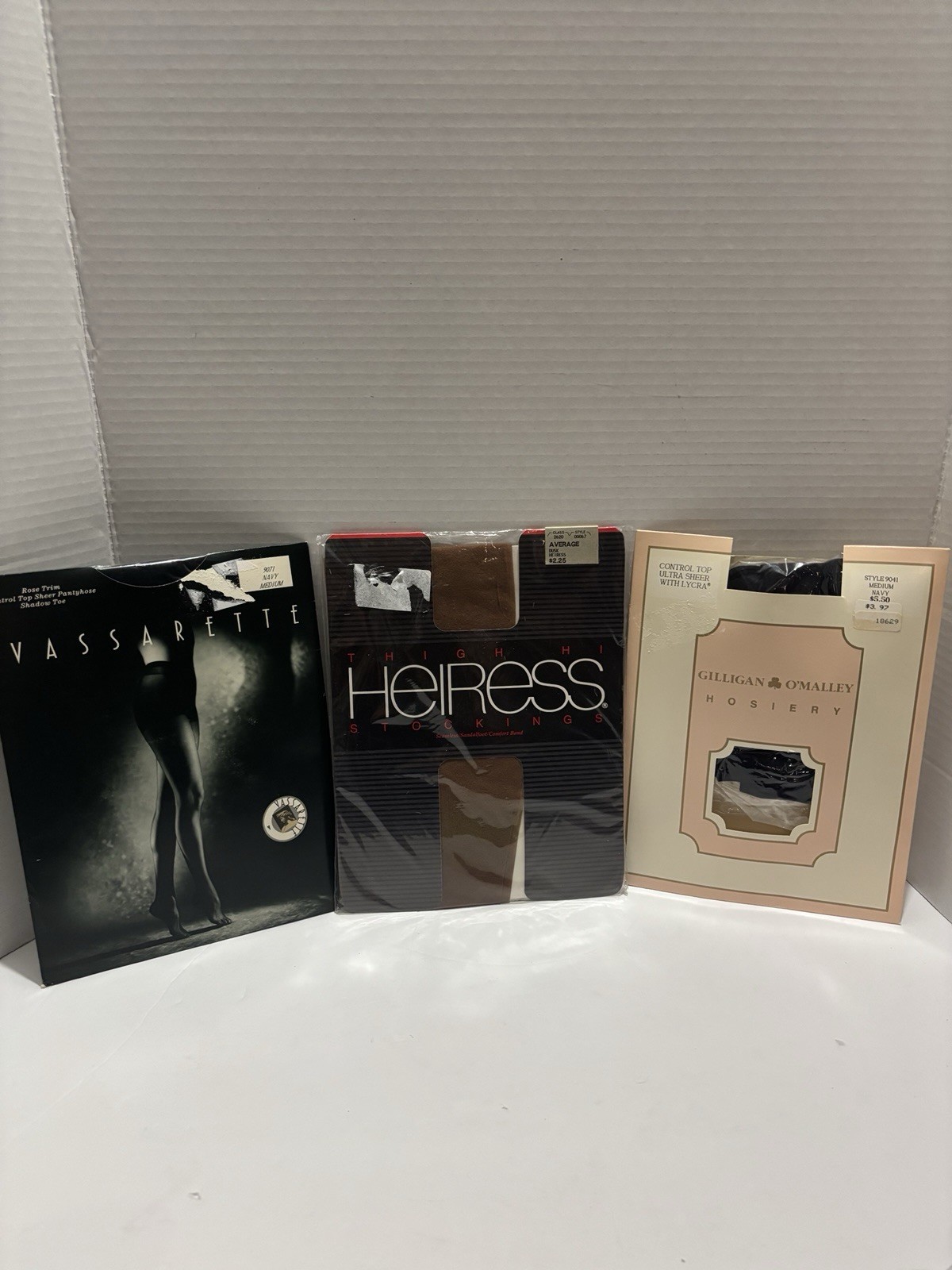 Lot 3 Vintage Vassarette, Heiress & Gilligan O&rsquo;Malley Pantyhose 2 Navy, 1 Tan.