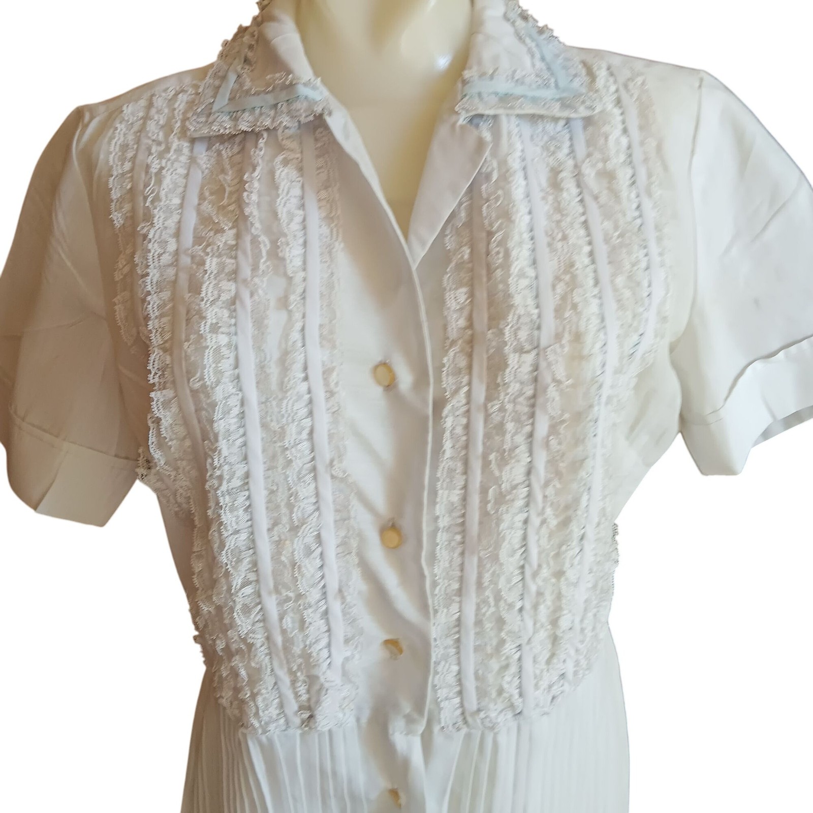 True Vintage Dress sz 14 Large Lace Ruffle Pale Blue Pleated Midi Wedding 1970&rsquo;s
