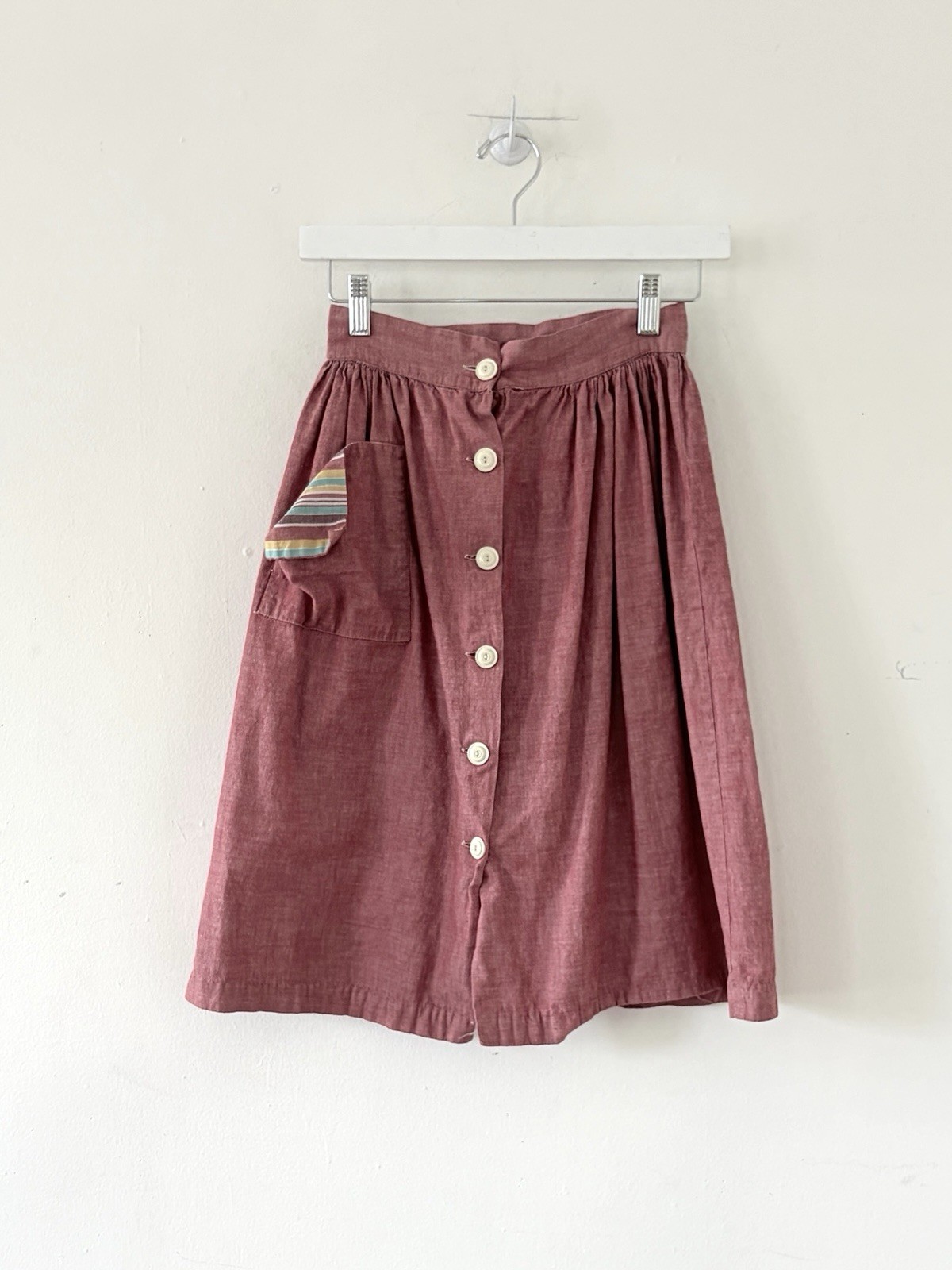 30s 40s Chambray Rayon Cotton Button Front Skirt Feedsack Pocket Workwear 24/25”