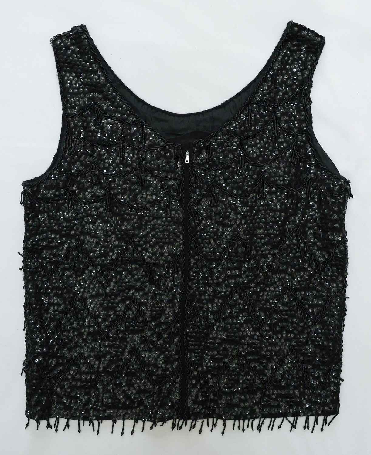 Vntg Black Sequin/Beaded Sleeveless Wool Top [Sz M] Zip Up Colonial Hong Kong