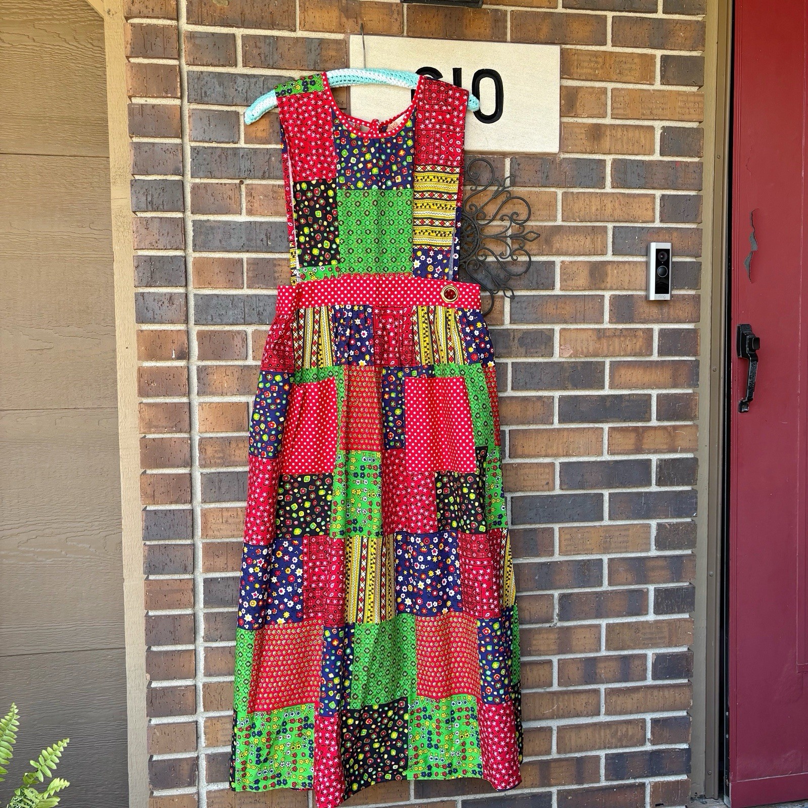 Vintage 1970s Patchwork Apron Smock Wrap maxi dress with pockets and ties S/M
