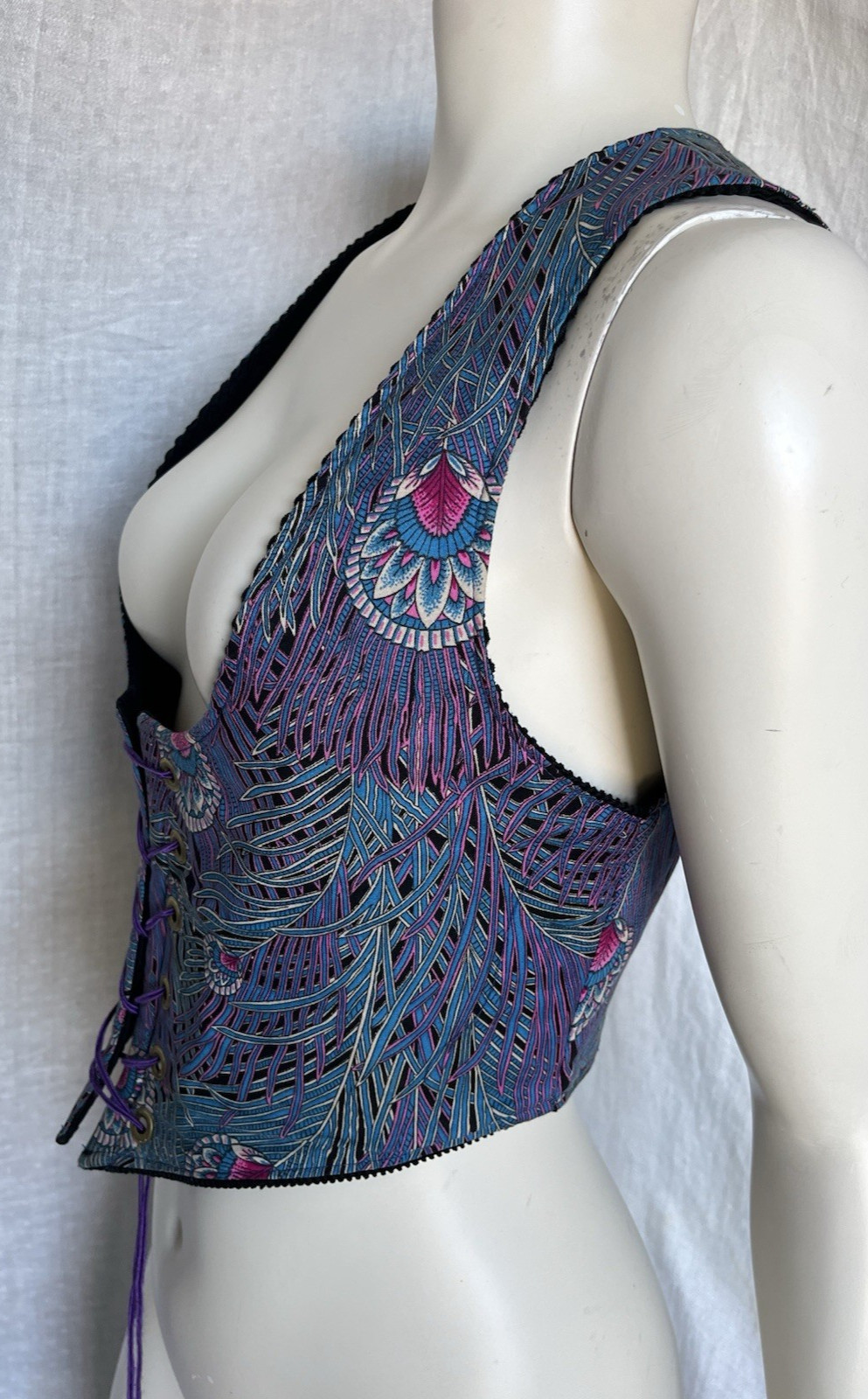 Vintage 70s Corset Vest Underbust Waistcoat Handmade Reversible Goth Festival S