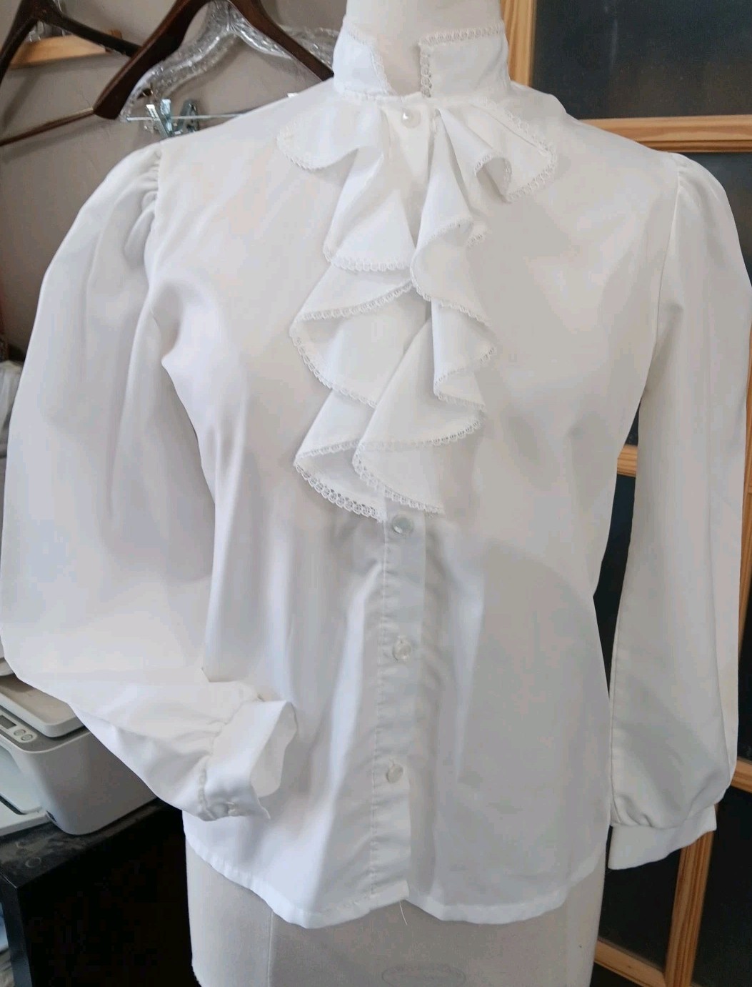 Vtg Blouse High Neck Ruffle Front White Sz M Poet Lace Trim Union Label Jabot