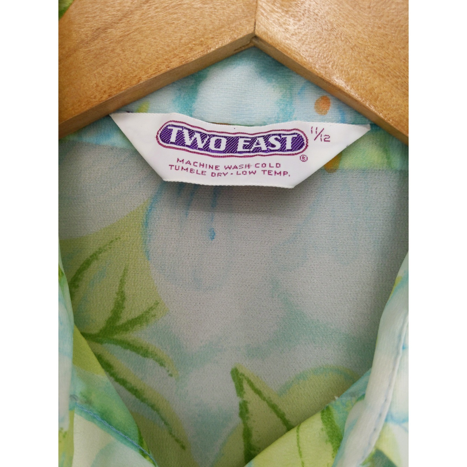 Vintage 70s Two East Button Down Blouse Womens 11/12 Green Blue Floral Sheer