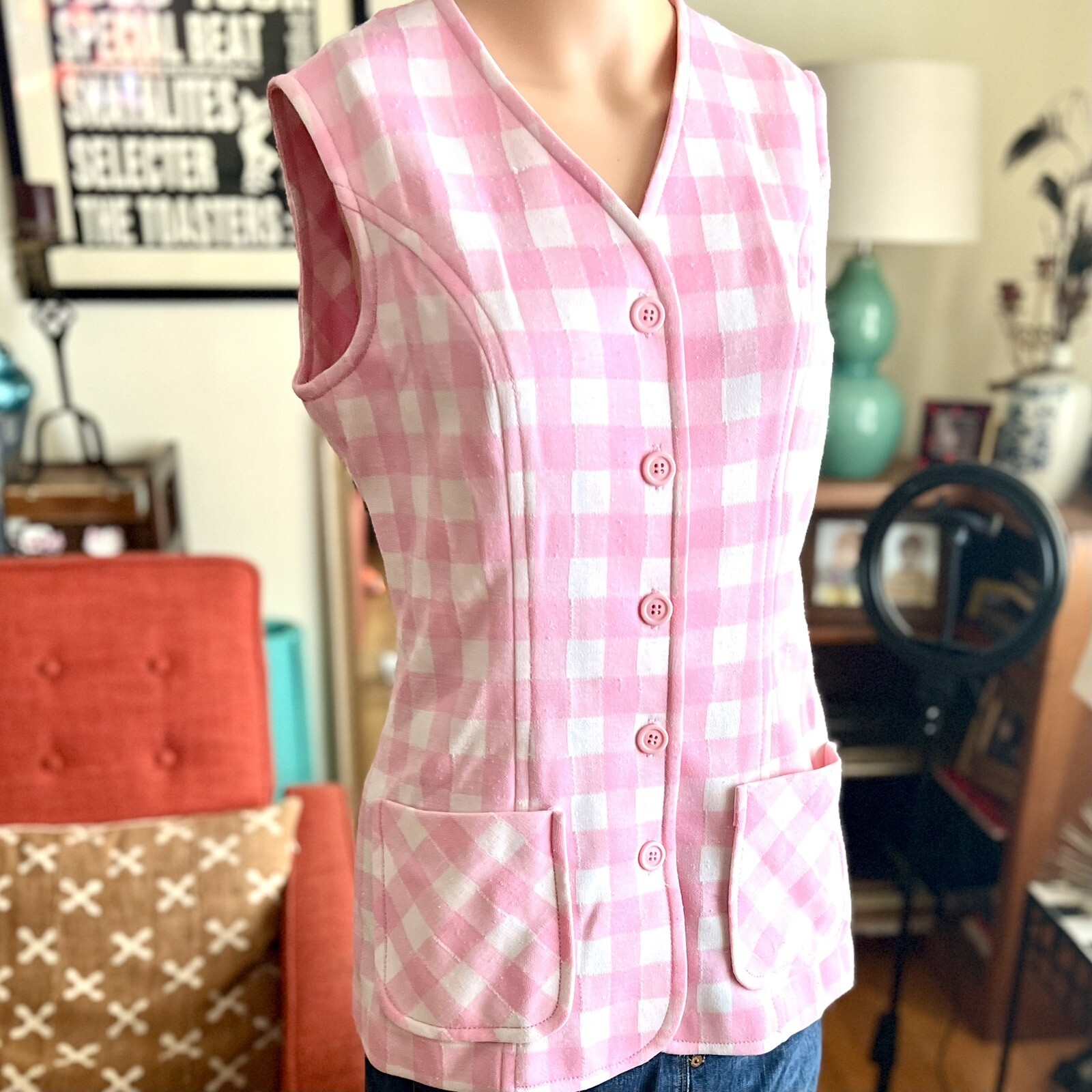 Vintage 1970s Pink & White Gingham Sears Vest