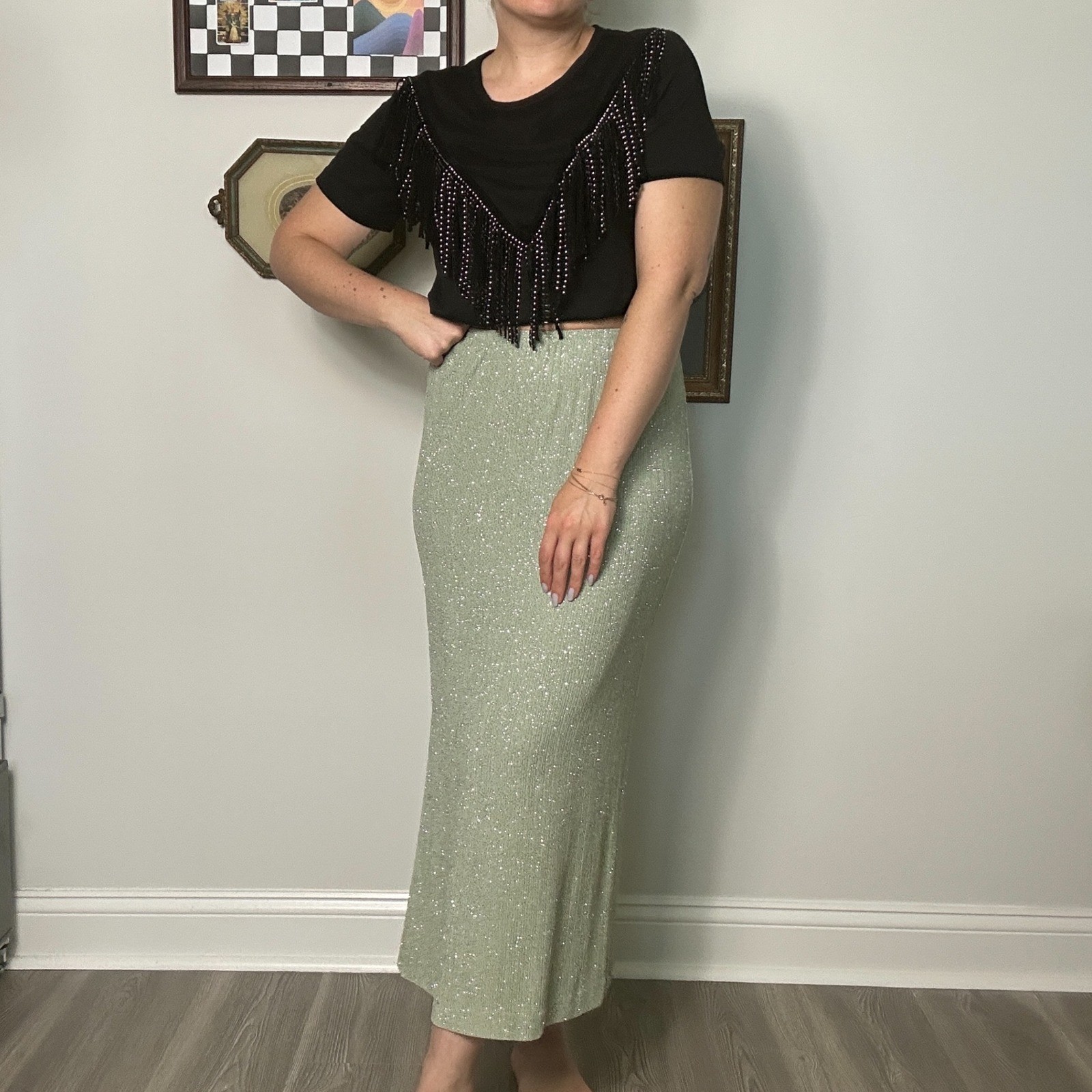 Vintage Mint Metallic Maxi Skirt – SIZE 12P Jeffrey & Dara Evenings Party